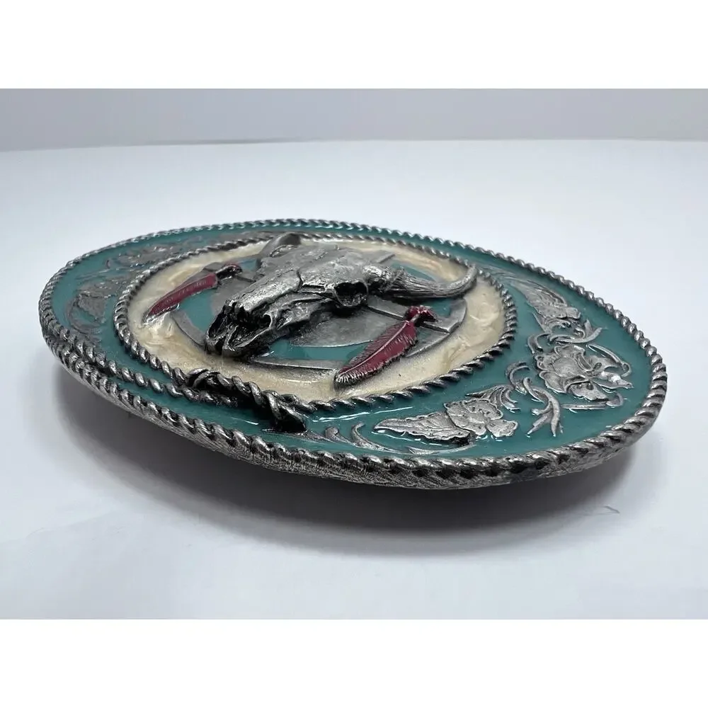 Siskiyou Vintage 1991 Pewter & Enamel Buffalo Skull Feathers Floral Belt Buckle